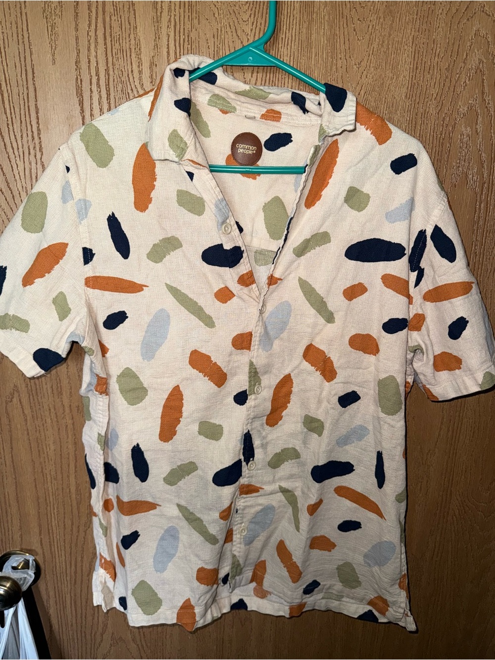 Men's Cream Short-Sleeve Button Shirt with Multi-Color Print